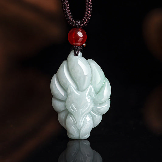 Wear FengShui Natural Jade Nine Tailed Fox Luck Prosperity Necklace Pendant