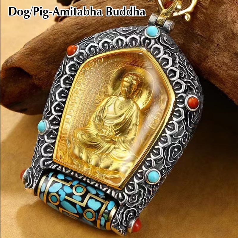 Wear FengShui Tibet Chinese Zodiac Natal Buddha Thangka Prosperity Rotatable Dzi Bead Necklace Pendant