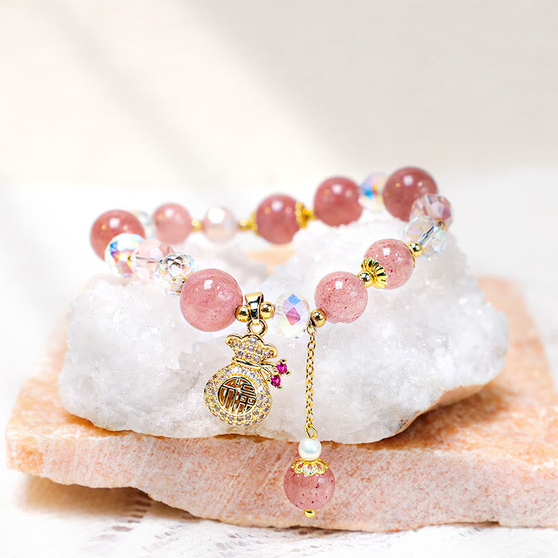 Wear FengShui Natural Strawberry Quartz Crystal Money Bag Charm Positive Bracelet