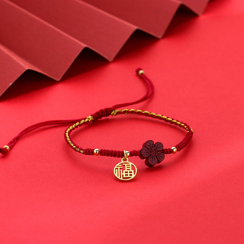 Wear FengShui Cinnabar Flower Fu Character Blessing Braided String Bracelet