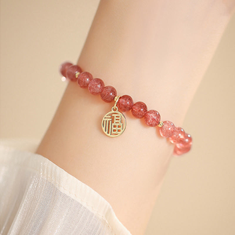 Wear FengShui 14K Gold Plated Strawberry Quartz Fu Character Healing Charm Bracelet