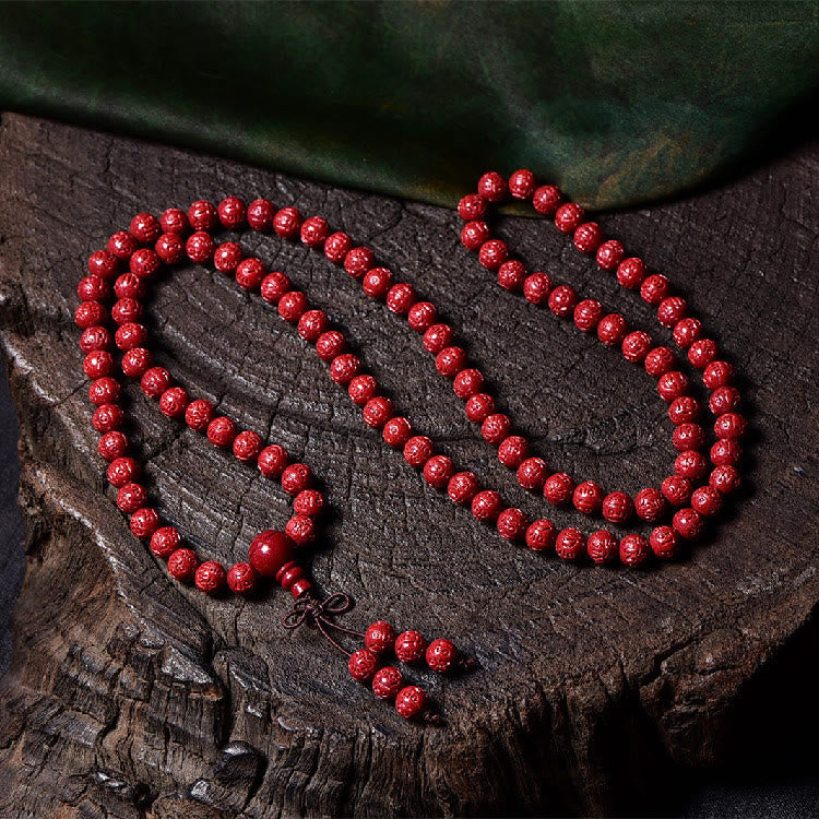 Wear FengShui 108 Mala Beads Cinnabar Om Mani Padme Hum Pattern Engraved Blessing Bracelet