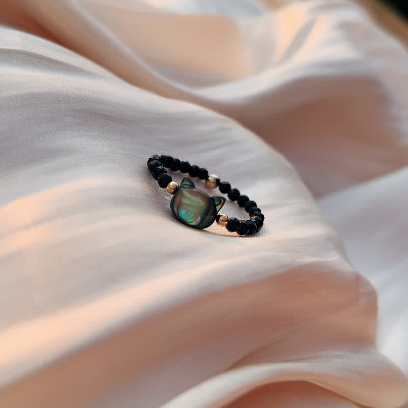 Wear FengShui Natural Tridacna Stone Lovely Cat 14K Gold Plated Blessing Ring