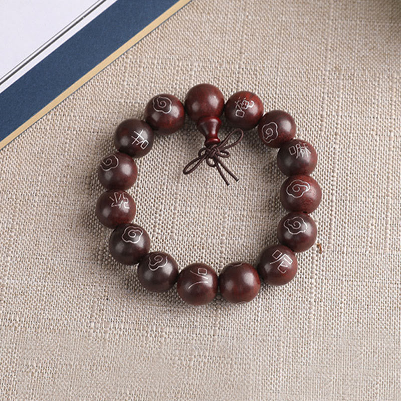 Wear FengShui 925 Sterling Silver Inlaid Small Leaf Red Sandalwood Om Mani Padme Hum Character Auspicious Clouds Protection Bracelet