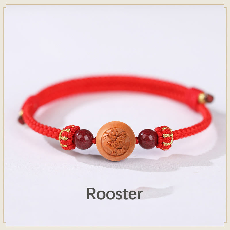 Wear FengShui Natural Peach Wood Chinese Zodiac Fu Character Carved Cinnabar Wealth Bracelet