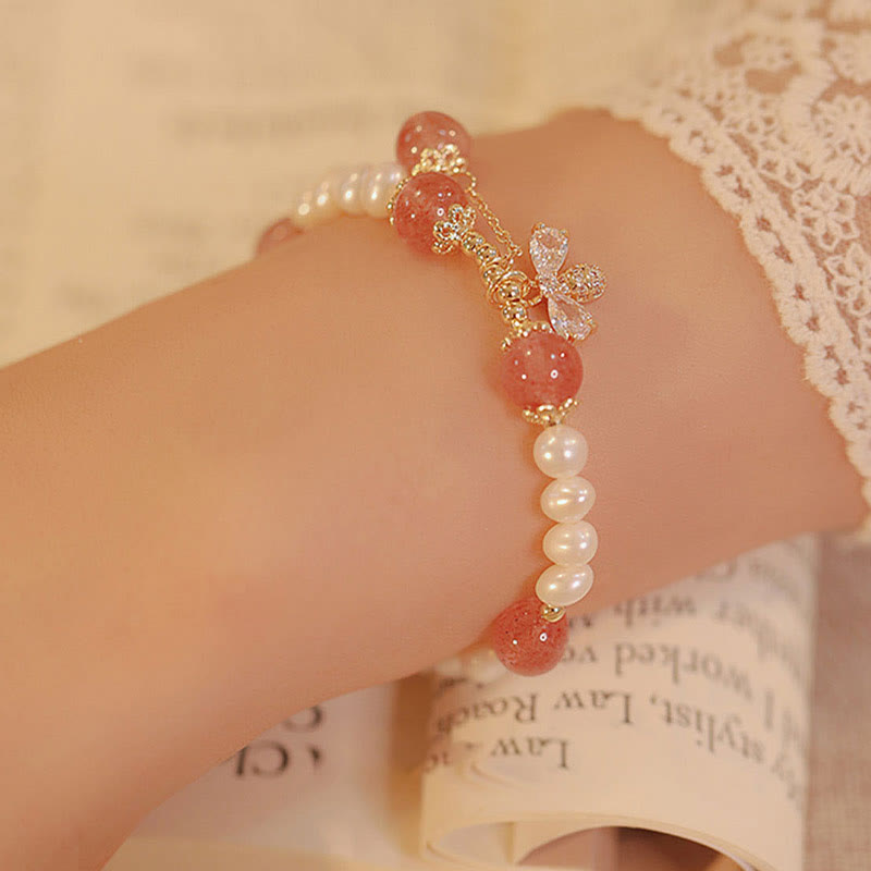 Wear FengShui Natural Pearl Strawberry Quartz Healing Cute Honey Bee Charm Bracelet