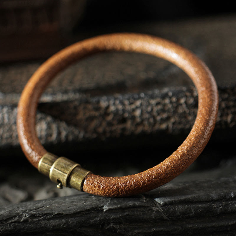 Wear FengShui Retro Leather Luck Healing Copper Magnetic Buckle Bracelet