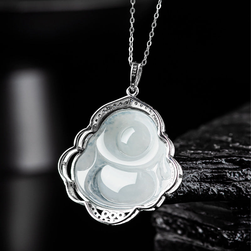 Wear FengShui Laughing Buddha Natural Jade Abundance Titanium Steel Chain Necklace Pendant