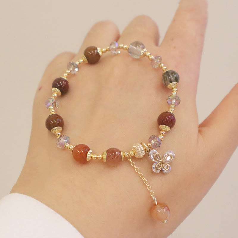 Wear FengShui Natural Fu Lu Shou Rainbow Crystal Rutilated Quartz Wealth Butterfly Charm Bracelet