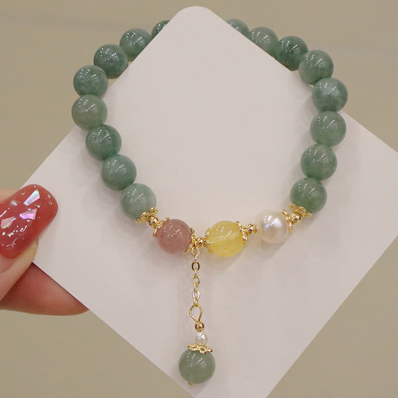Wear FengShui Jade Pearl Strawberry Quartz Abundance Luck Bead Charm Bracelet