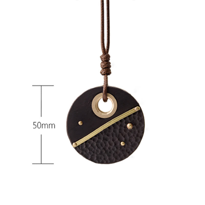 Wear FengShui Handcrafted Round Ebony Wood Brass Copper Peace Necklace Pendant