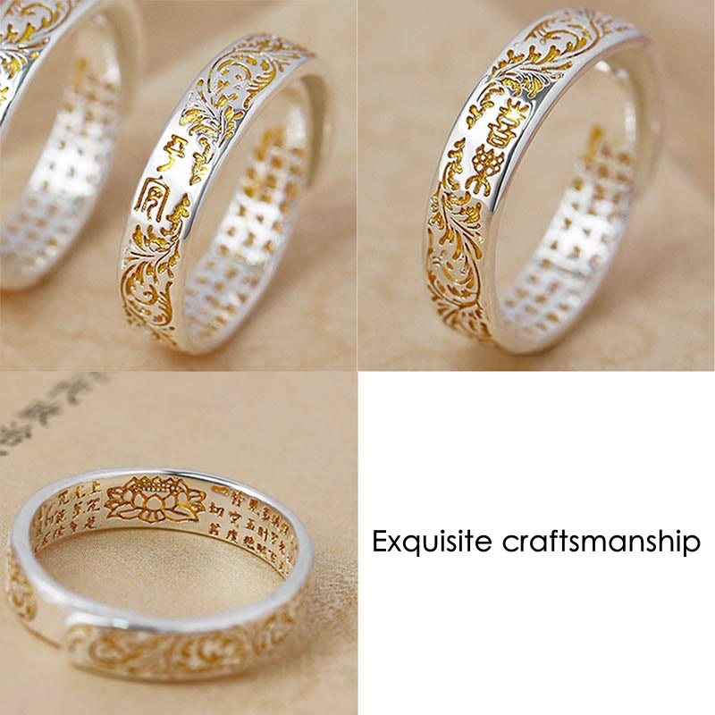 Wear FengShui Peace and Joy Tang Dynasty Flower Design Lotus Heart Sutra Carved Copper Luck Adjustable Ring