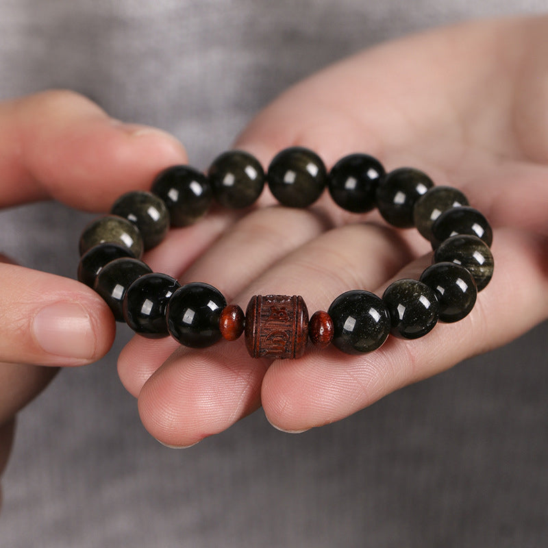 Wear FengShui Natural Gold Sheen Obsidian Rainbow Obsidian Om Mani Padme Hum Fu Character Healing Bracelet