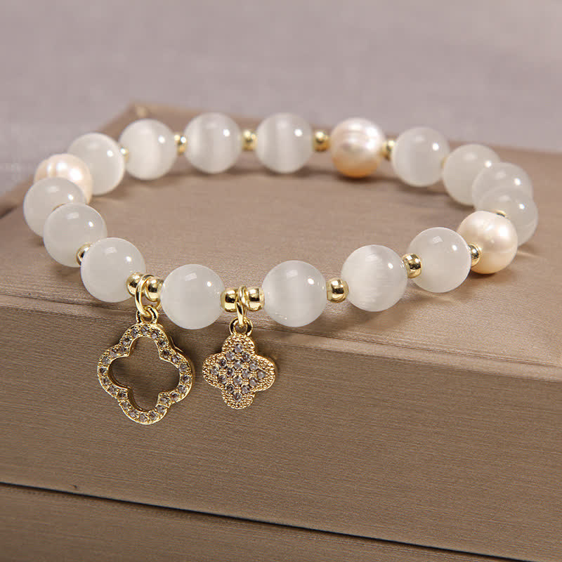 Wear FengShui Cat's Eye Lovely Cat Pattern Pearl Love Charm Bracelet