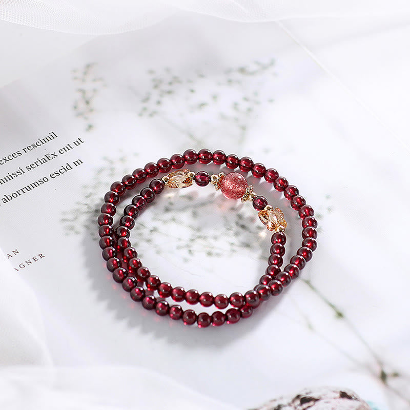 Wear FengShui 14K Gold Plated Natural Garnet Strawberry Quartz Butterfly Protection Double Wrap Bracelet