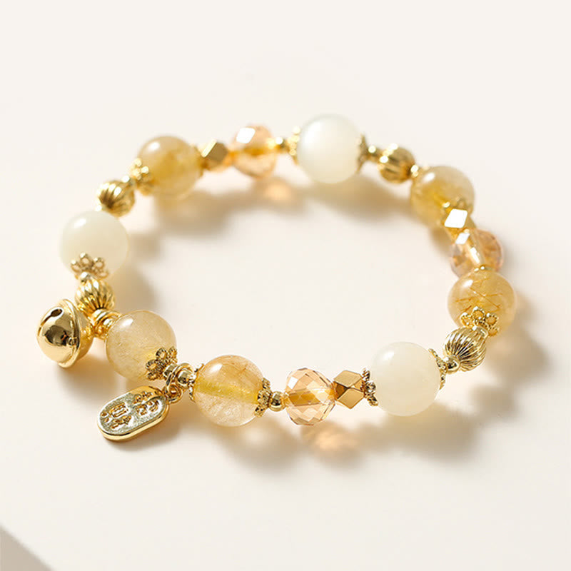 Wear FengShui 14K Gold Plated Golden Rutilated Quartz Wealth Bell Lucky Fortune Charm Bracelet