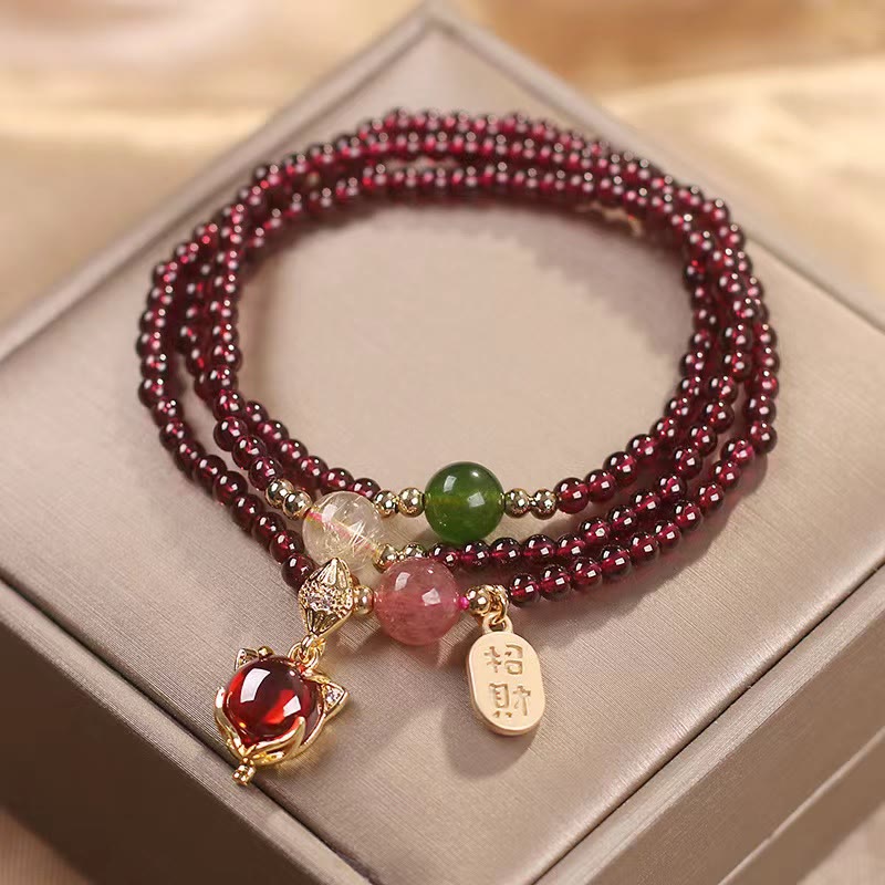 Wear FengShui Natural Garnet Strawberry Quartz Crystal Fox Koi Fish Peace Buckle Fortune Protection Triple Wrap Bracelet