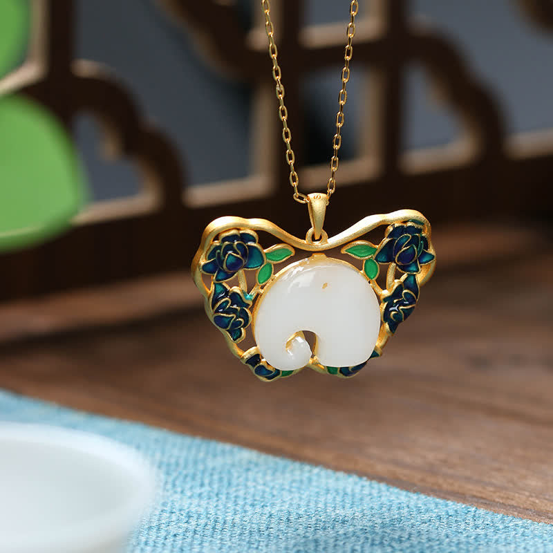 Wear FengShui White Jade Elephant Butterfly Lotus Success Necklace Chain Pendant