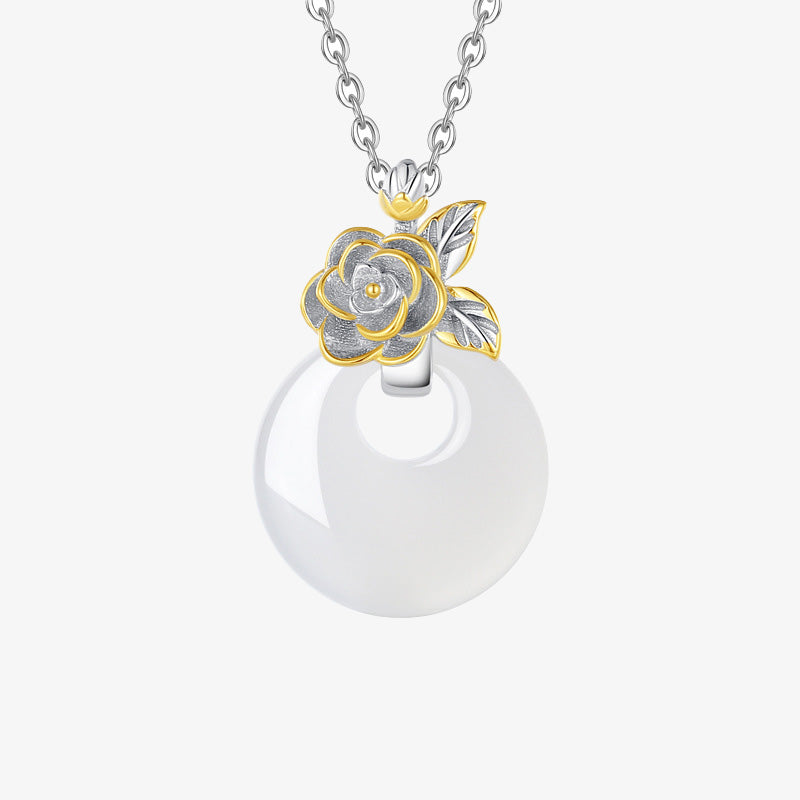 Wear FengShui 925 Sterling Silver Round Chalcedony Twelve Months Flower Harmony Necklace Pendant