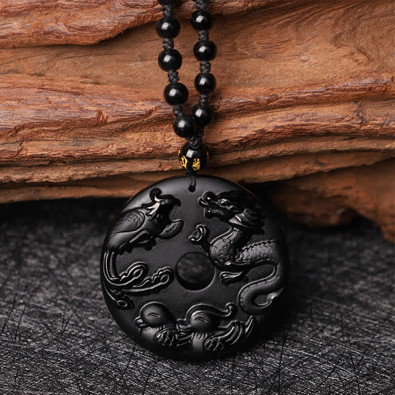 Wear FengShui Black Obsidian Dragon Phoenix Mandarin Duck Luck Protection Necklace Pendant