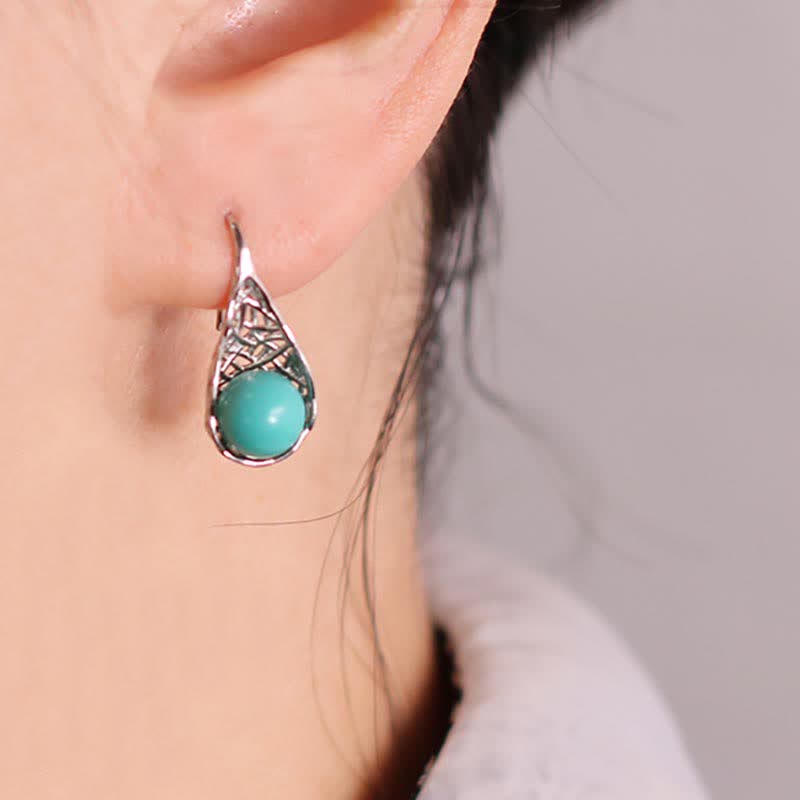 Wear FengShui 925 Sterling Silver Turquoise Beaded Pattern Protection Drop Dangle Earrings