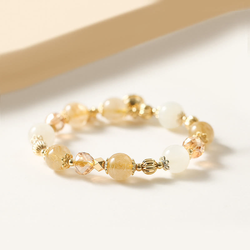 Wear FengShui 14K Gold Plated Golden Rutilated Quartz Wealth Bell Lucky Fortune Charm Bracelet