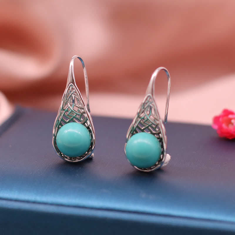 Wear FengShui 925 Sterling Silver Turquoise Beaded Pattern Protection Drop Dangle Earrings