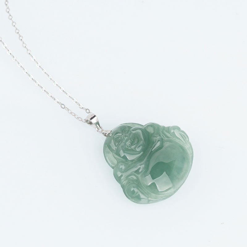 Wear FengShui Laughing Buddha Jade Protection Calm Titanium Steel Chain Necklace Pendant