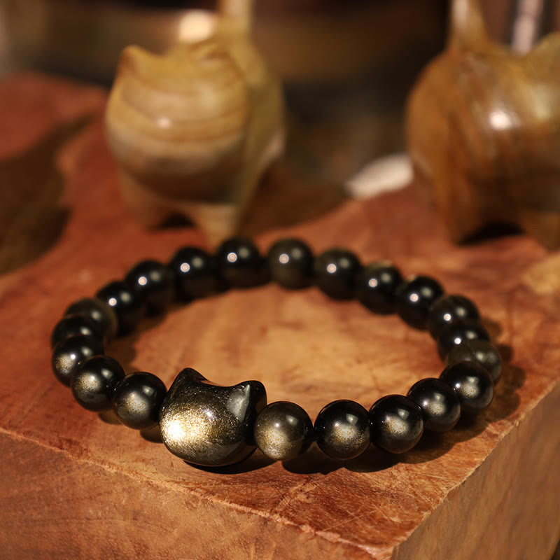 Wear FengShui Gold Sheen Obsidian Silver Sheen Obsidian Lovely Paw Lucky Cat Protection Bracelet