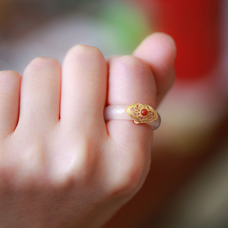 Wear FengShui White Agate Cyan Jade Turquoise Red Agate Luck Protection Ring