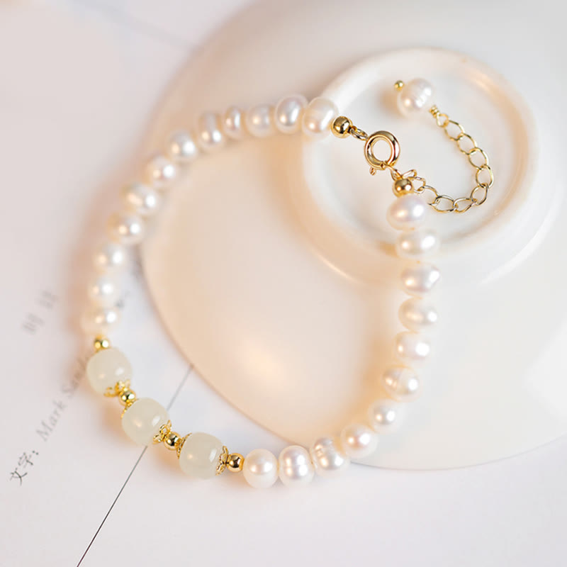 Wear FengShui 14K Gold Plated Natural Pearl Hetian Cyan Jade White Jade Sincerity Bead Chain Bracelet