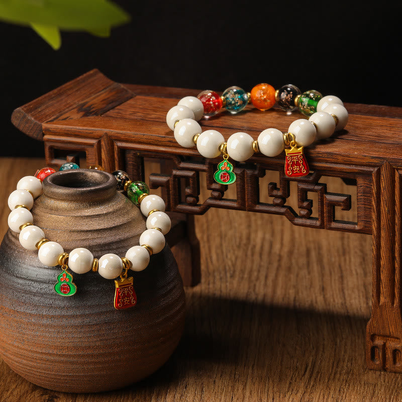 Wear FengShui Tibetan Incense Ash Porcelain Luminous Fluorescent Liuli Glass Bead Gourd Copper Coin Charm Peace Bracelet