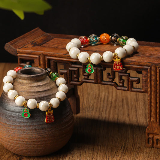 Wear FengShui Tibetan Incense Ash Porcelain Luminous Fluorescent Liuli Glass Bead Gourd Copper Coin Charm Peace Bracelet