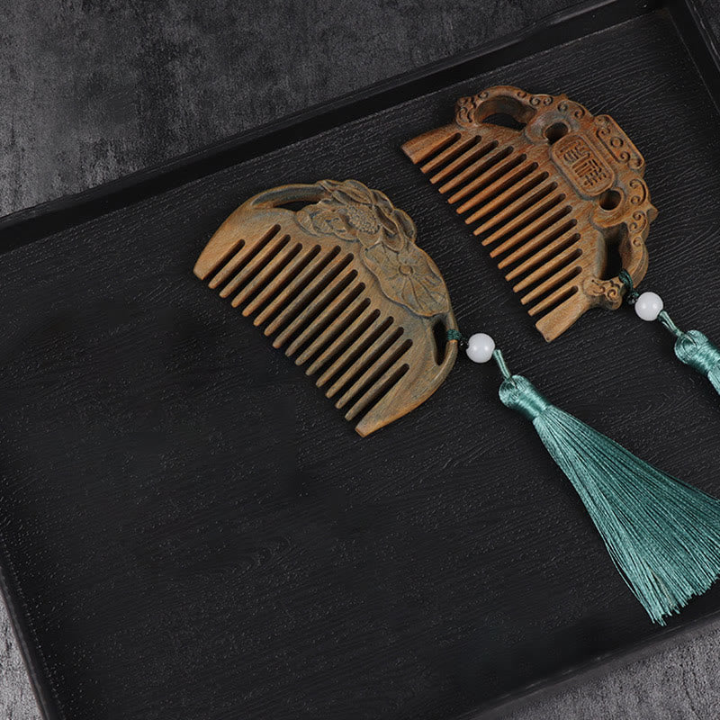 Wear FengShui Green Sandalwood Fox Peony Flower Lotus Engraved Cure Tassel Comb