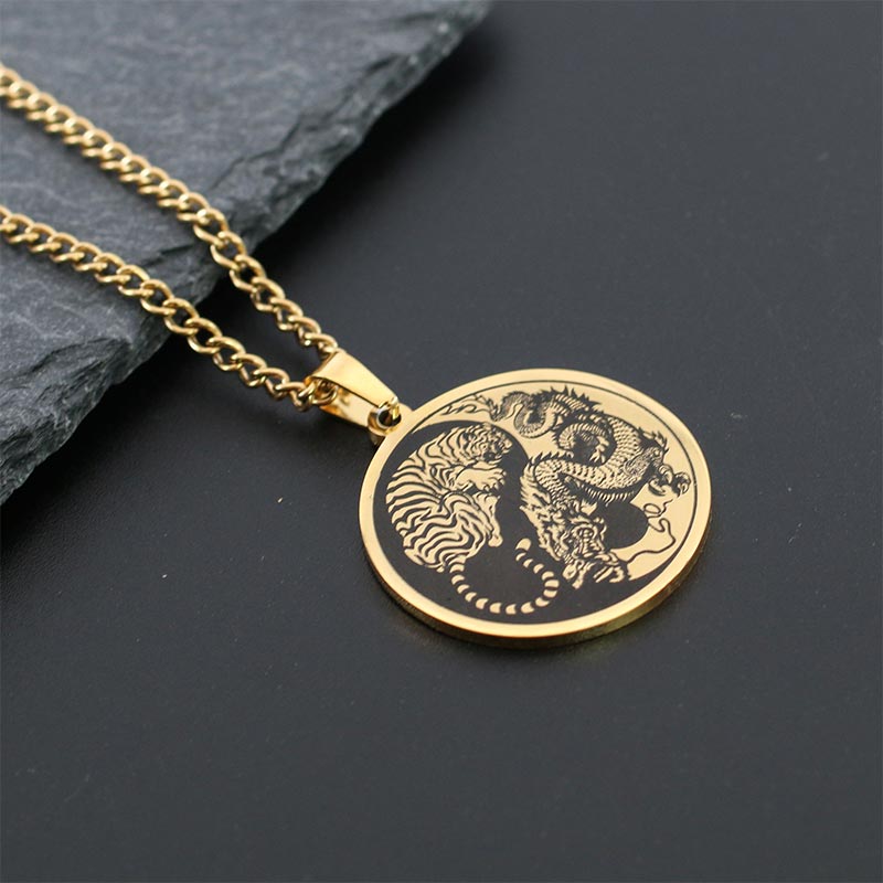 Wear FengShui Tiger Dragon Titanium Steel Chain Necklace Harmony Pendant