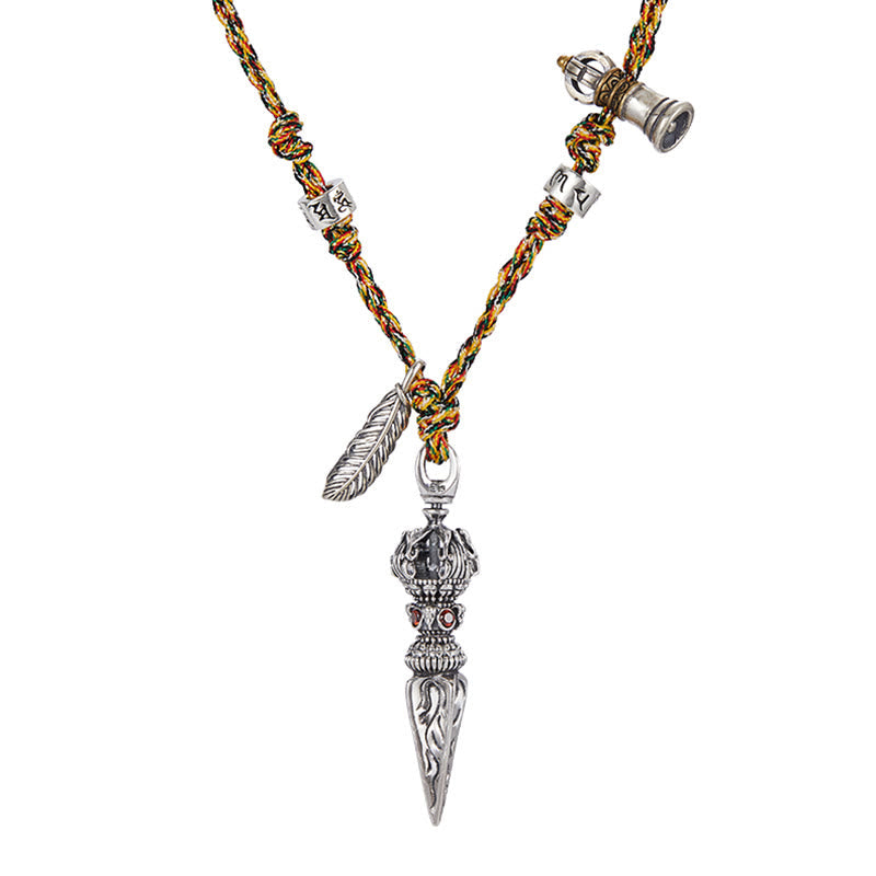 Wear FengShui Tibetan Handmade 925 Sterling Silver Dorje Vajra Om Mani Padme Hum Feather Strength Necklace Pendant