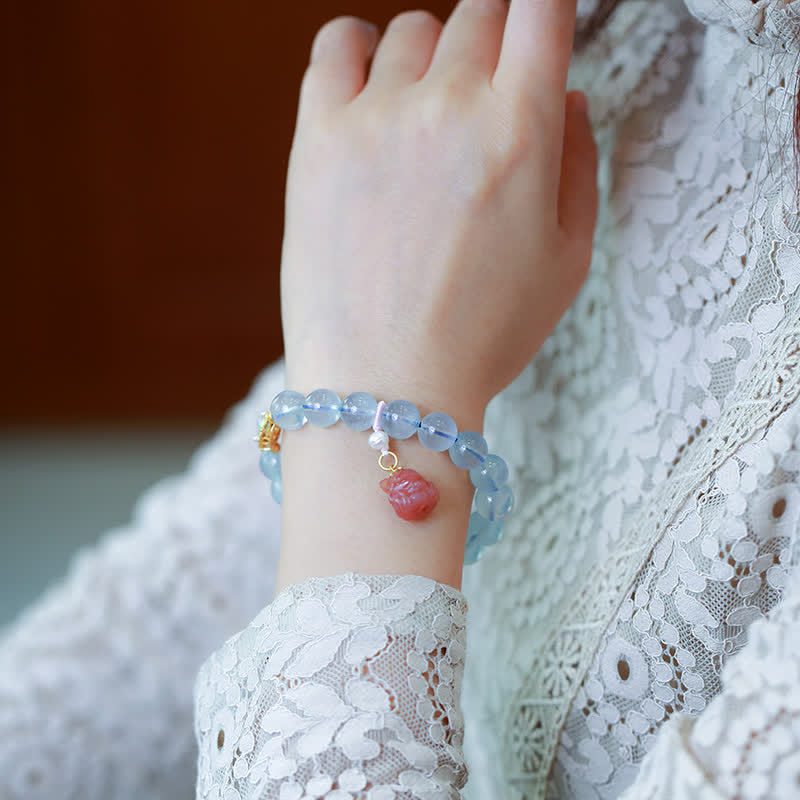 Wear FengShui Natural Aquamarine Red Agate Pearl Beads Healing Charm Bracelet