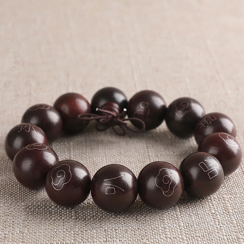 Wear FengShui 925 Sterling Silver Inlaid Small Leaf Red Sandalwood Om Mani Padme Hum Character Auspicious Clouds Protection Bracelet