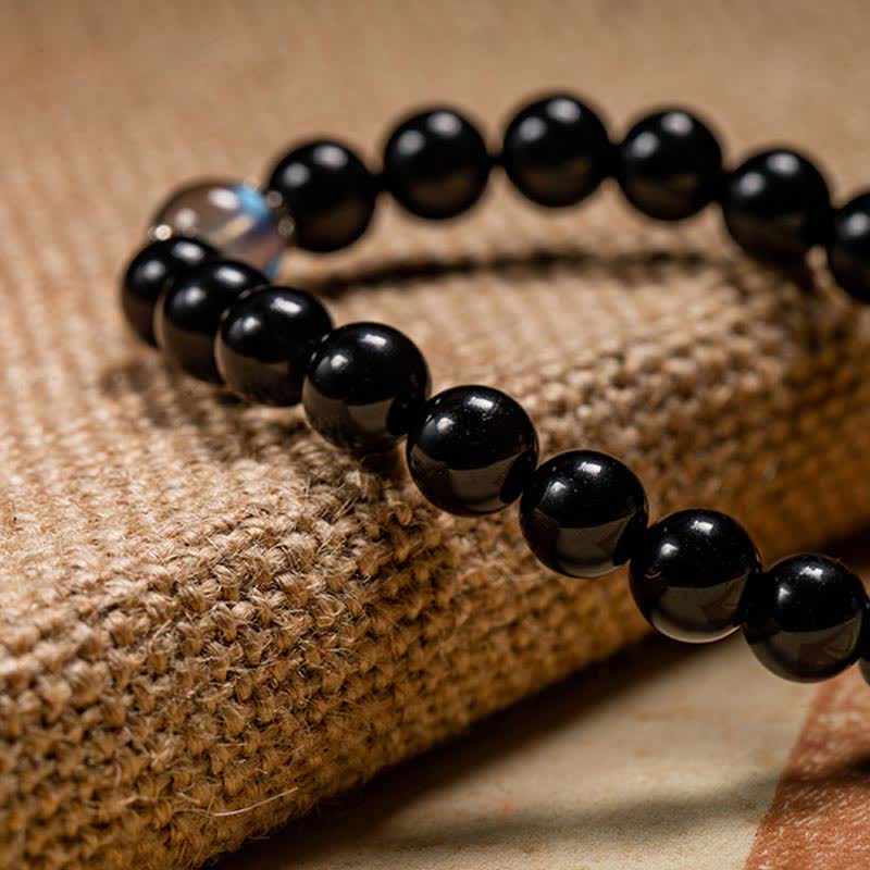 Wear FengShui Chinese Zodiac Natal Buddha 925 Sterling Silver Black Obsidian Moonstone Strength Bracelet