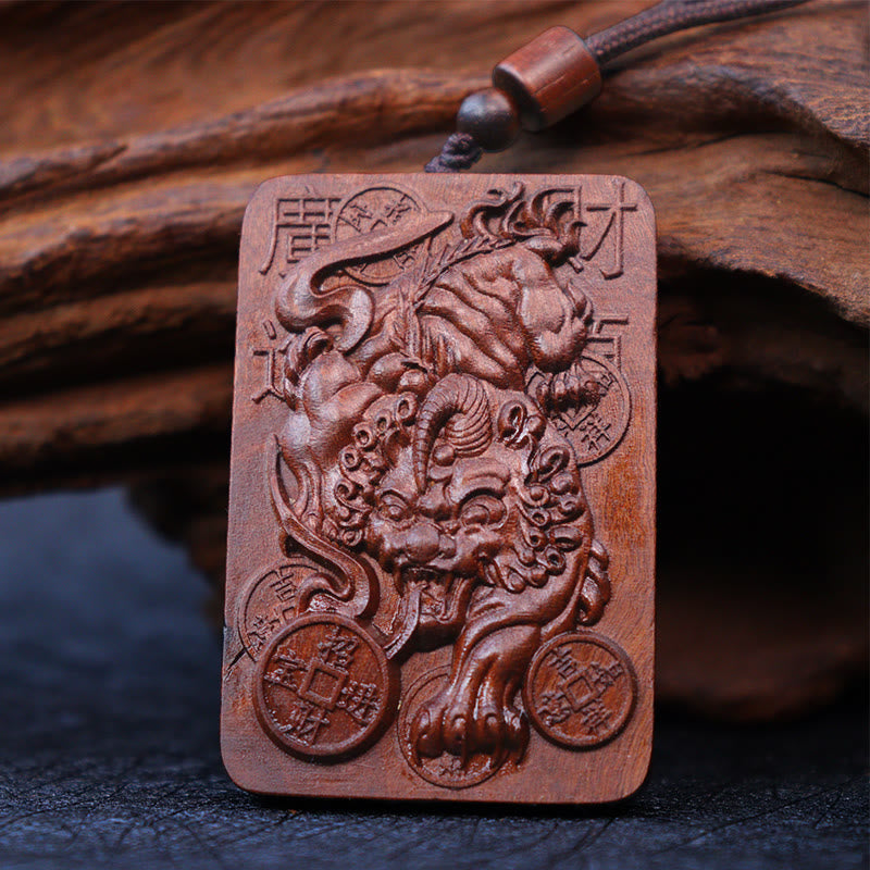 Wear FengShui Natural Lightning Struck Jujube Wood PiXiu Copper Coin Good Fortune Necklace Pendant