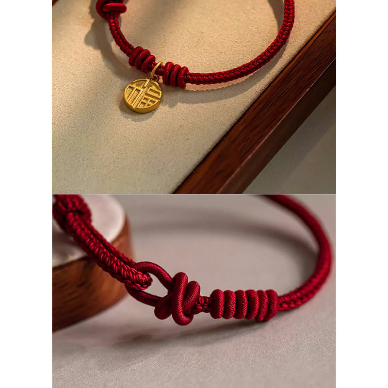 Wear FengShui Handmade Eight Thread Peace Knot Fu Character Charm Luck Happiness Red Rope Bracelet