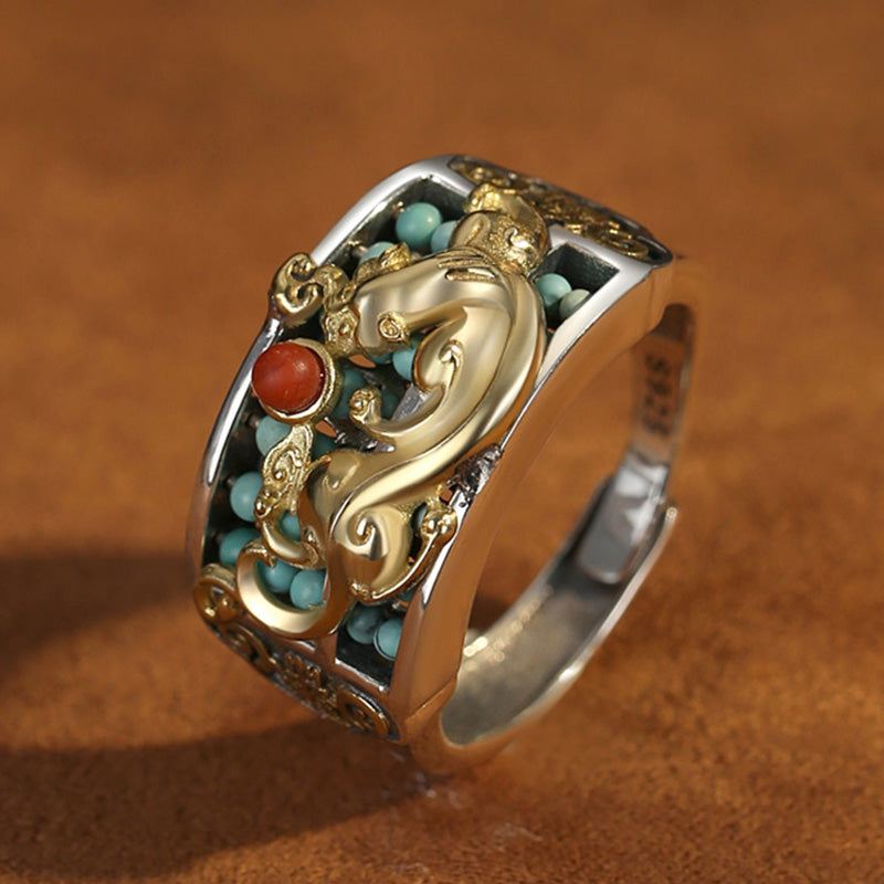 Wear FengShui 925 Sterling Silver Turquoise Red Agate PiXiu Abacus Protection Ring