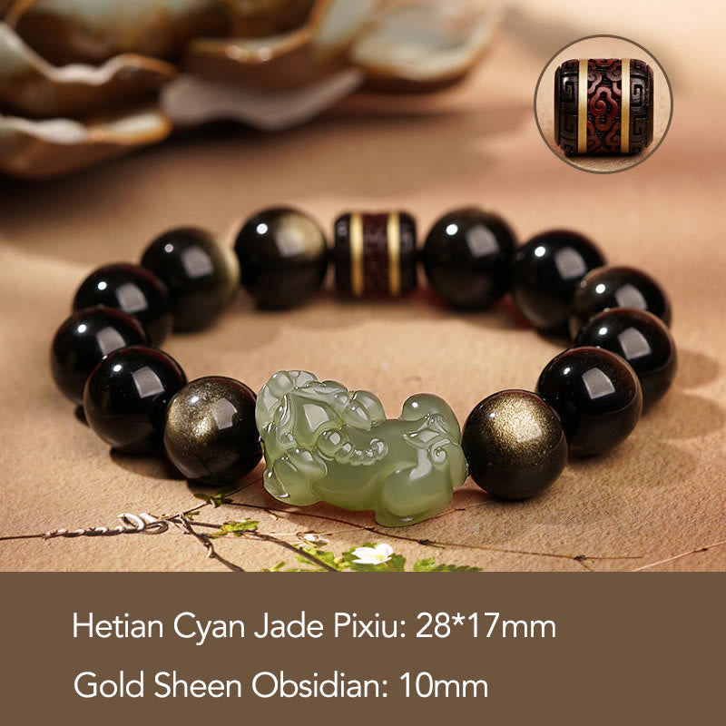Wear FengShui Natural Gold Sheen Obsidian Hetian Cyan Jade White Jade PiXiu Wealth Bracelet