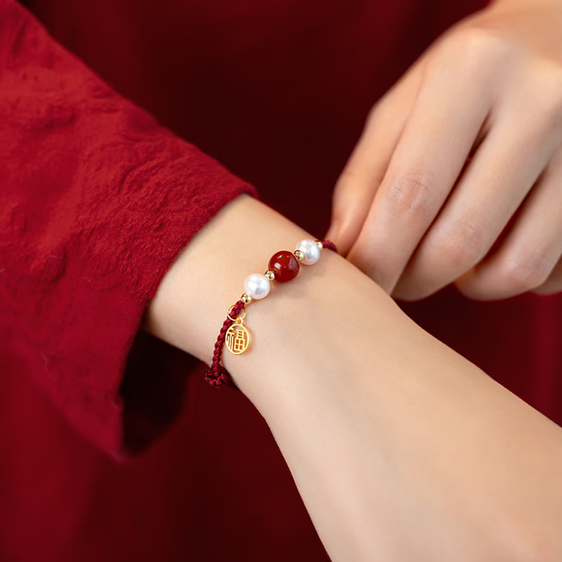 Wear FengShui 925 Sterling Silver Good Fortune Fu Character Agate Pearl Red String Braid Bracelet