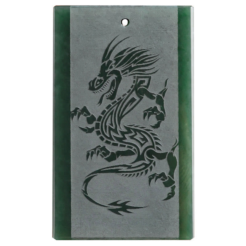 Wear FengShui Hetian Cyan Jade Dragon Engraved Success Necklace Pendant