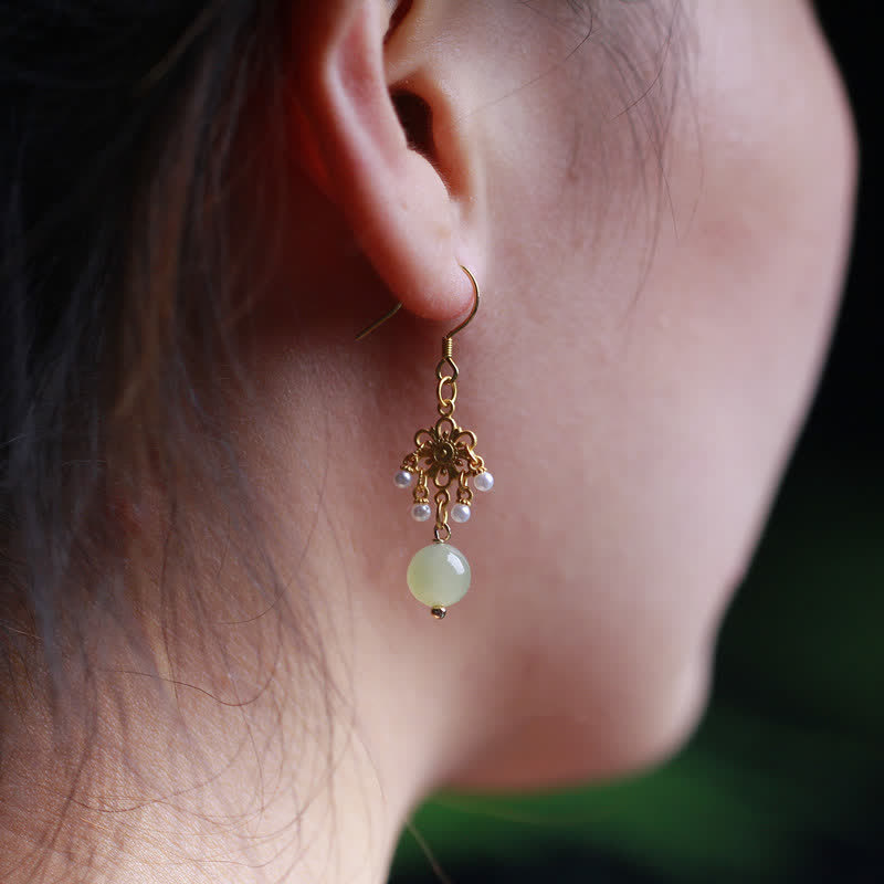 Wear FengShui Hetian Jade Flower Pattern 14K Gold Plated Luck Drop Dangle Earrings