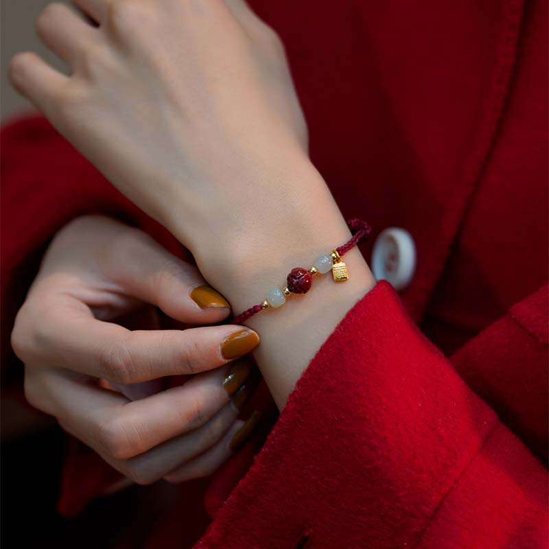 Wear FengShui Cinnabar Jade Lotus Calm Red String Weave Bracelet