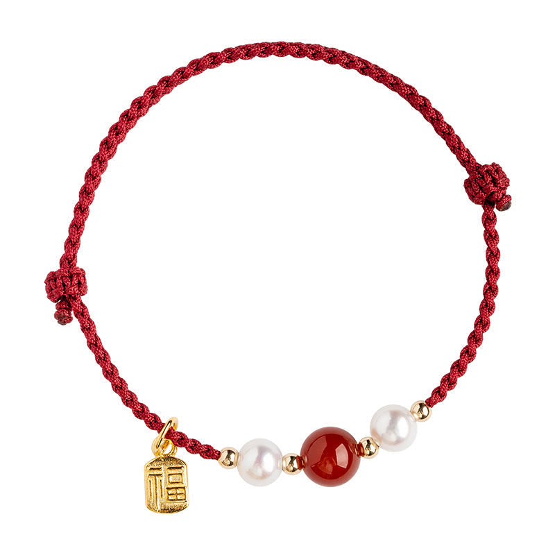 Wear FengShui 925 Sterling Silver Good Fortune Fu Character Agate Pearl Red String Braid Bracelet