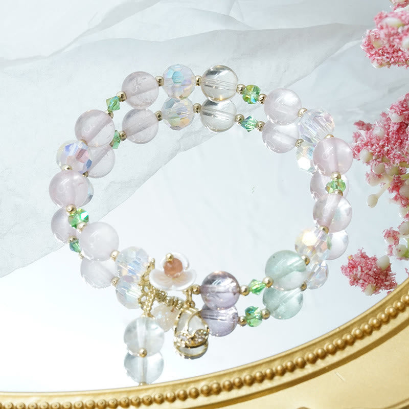 Wear FengShui Strawberry Quartz Rutilated Quartz Fluorite Flower Healing Bracelet
