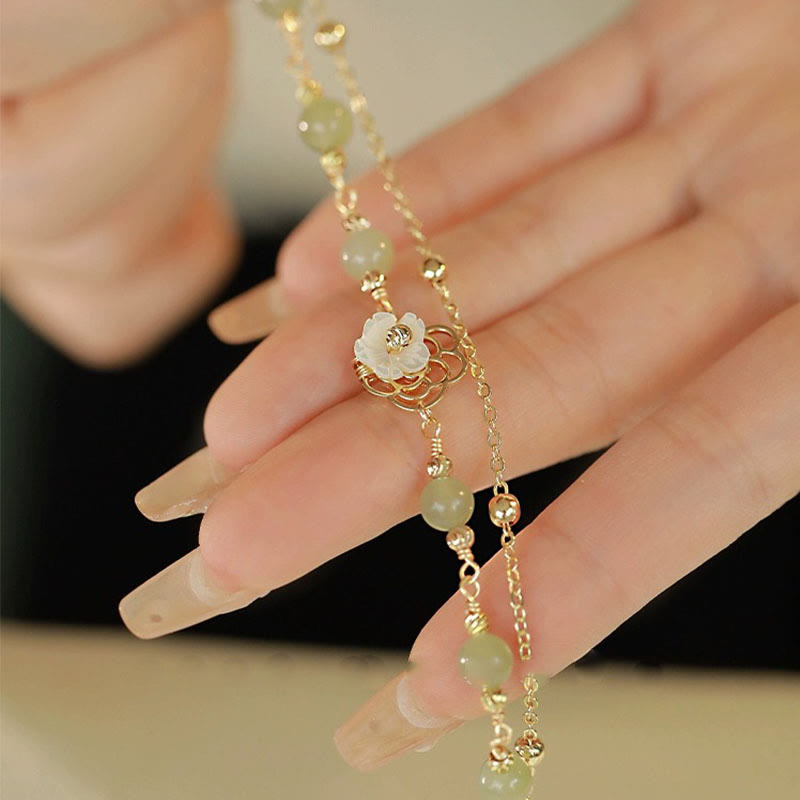Wear FengShui 14K Gold Plated Jade Butterfly Tridacna Stone Flower Double Layer Luck Bracelet